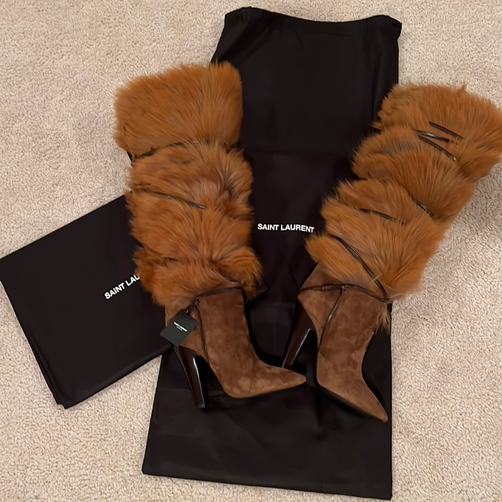 Saint Laurent Tan Fur Heeled Boots